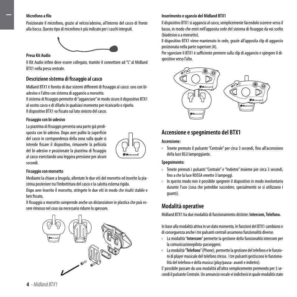 Accensione e spegnimento del btx1, Modalità operative | MIDLAND BTX1 User Manual | Page 5 / 111