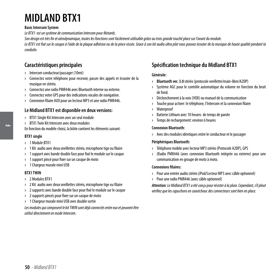 Midland btx1, Caractéristiques principales, Spécification technique du midland btx1 | MIDLAND BTX1 User Manual | Page 51 / 111