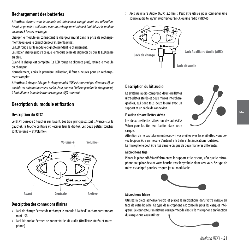 Rechargement des batteries, Description du module et fixation | MIDLAND BTX1 User Manual | Page 52 / 111