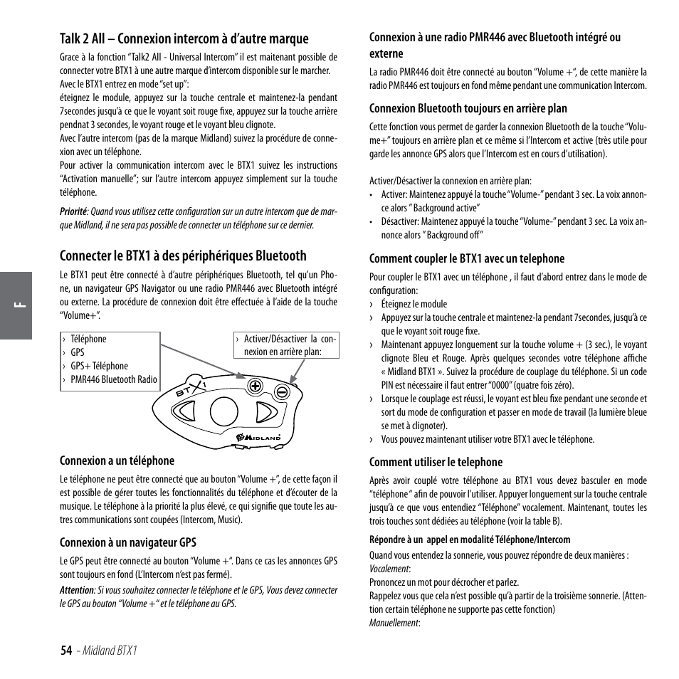 Talk 2 all – connexion intercom à d’autre marque, Connecter le btx1 à des périphériques bluetooth | MIDLAND BTX1 User Manual | Page 55 / 111