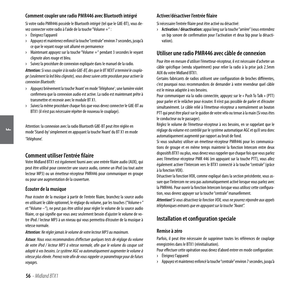 Comment utiliser l’entrée filaire, Utiliser une radio pmr446 avec câble de connexion, Installation et configuration speciale | MIDLAND BTX1 User Manual | Page 57 / 111