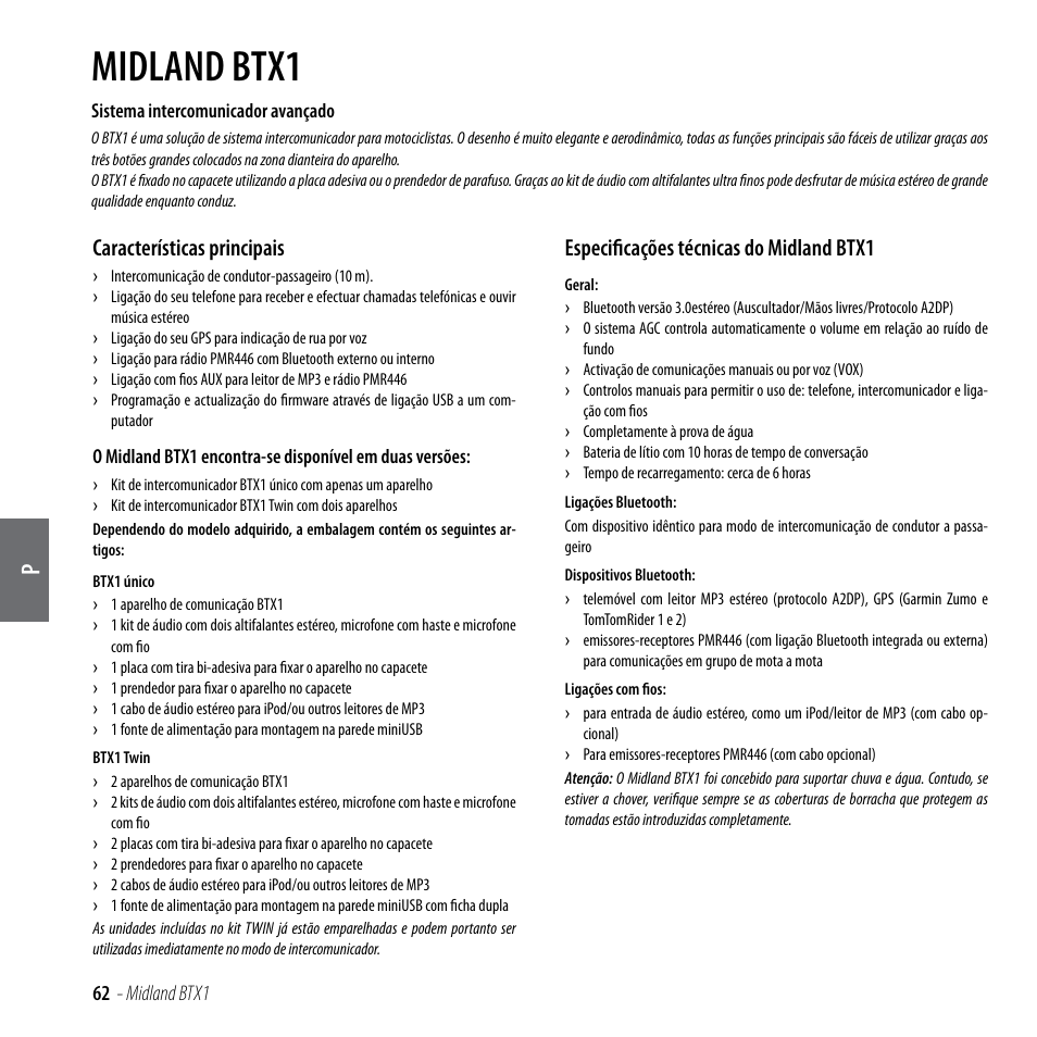 Midland btx1, Características principais, Especificações técnicas do midland btx1 | MIDLAND BTX1 User Manual | Page 63 / 111