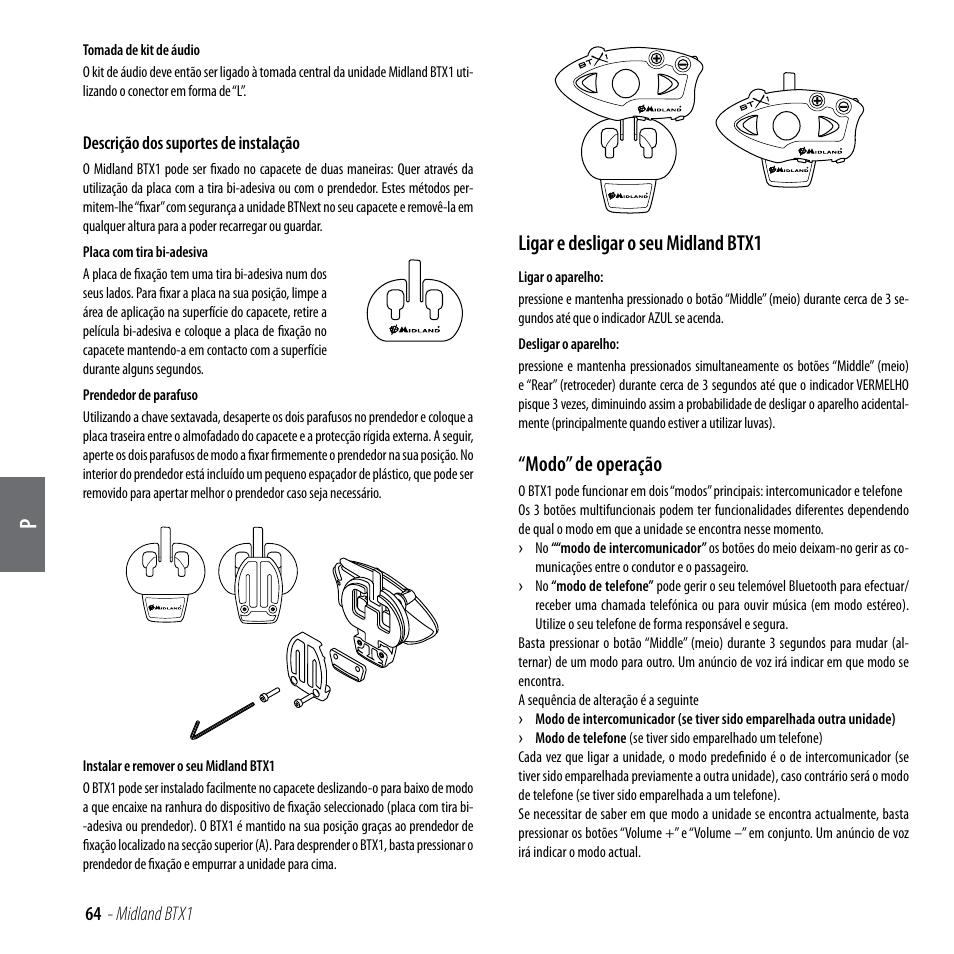 Ligar e desligar o seu midland btx1, Modo” de operação | MIDLAND BTX1 User Manual | Page 65 / 111