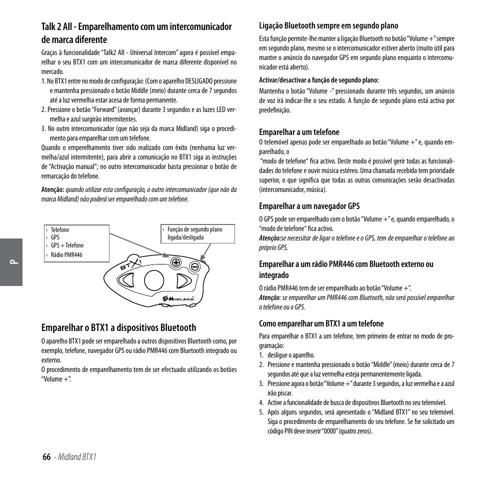 Emparelhar o btx1 a dispositivos bluetooth | MIDLAND BTX1 User Manual | Page 67 / 111