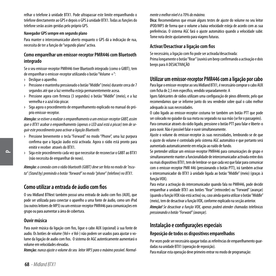 Como utilizar a entrada de áudio com fios, Instalação e configurações especiais | MIDLAND BTX1 User Manual | Page 69 / 111