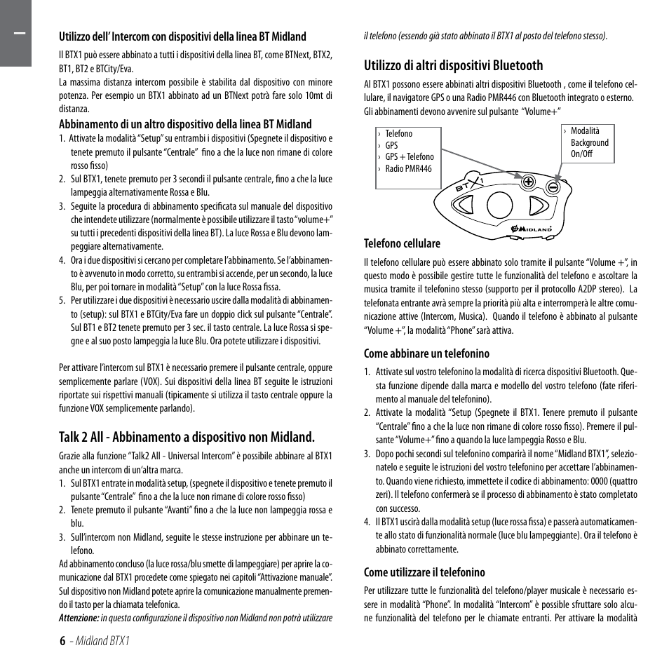 Talk 2 all - abbinamento a dispositivo non midland, Utilizzo di altri dispositivi bluetooth | MIDLAND BTX1 User Manual | Page 7 / 111