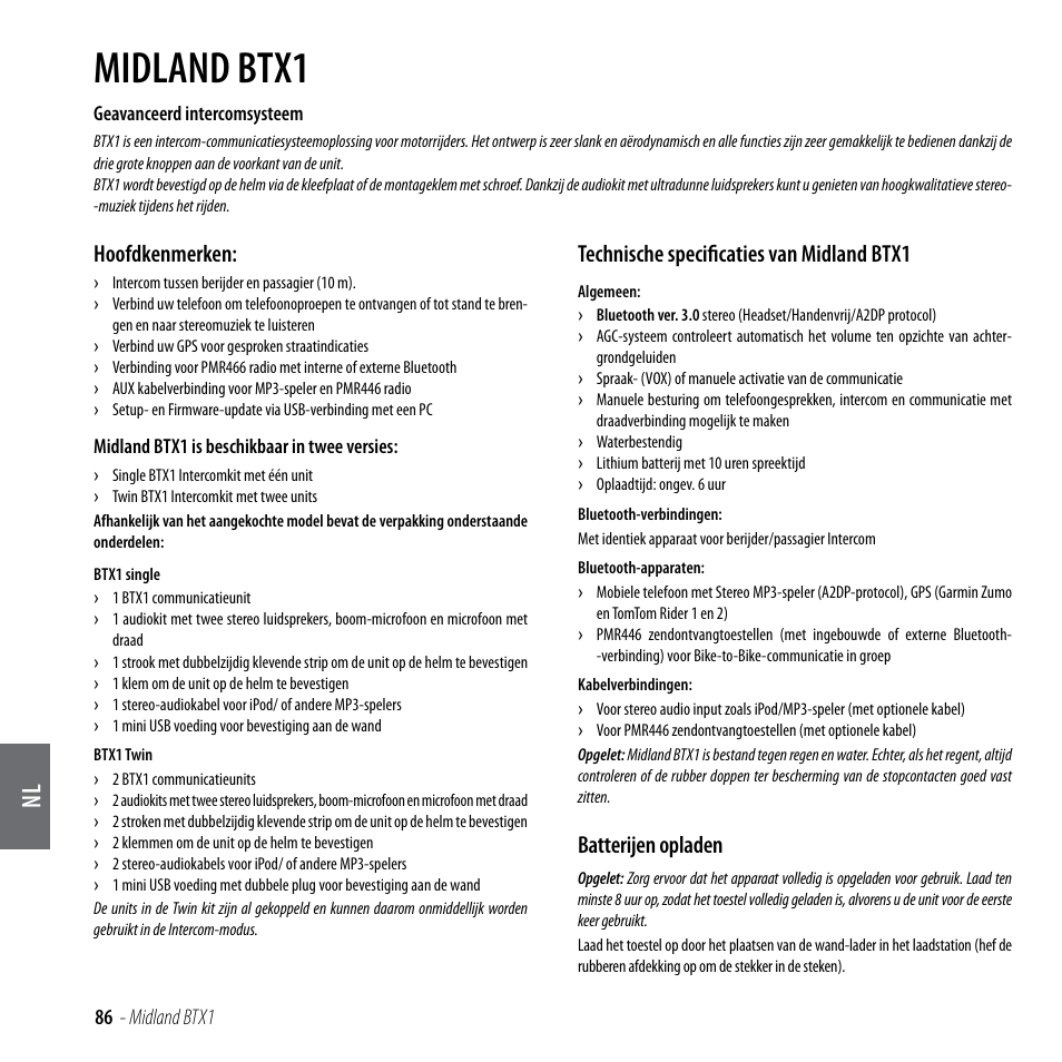 Midland btx1, Hoofdkenmerken, Technische specificaties van midland btx1 | Batterijen opladen | MIDLAND BTX1 User Manual | Page 87 / 111