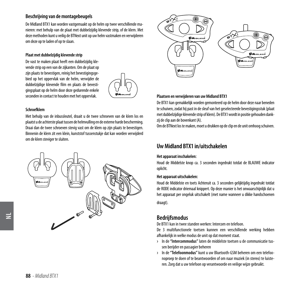 Uw midland btx1 in/uitschakelen, Bedrijfsmodus | MIDLAND BTX1 User Manual | Page 89 / 111