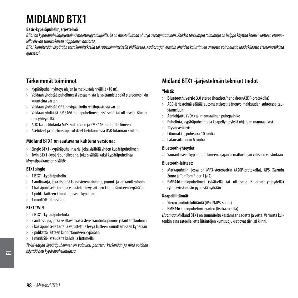 Midland btx1, Tärkeimmät toiminnot, Midland btx1 -järjestelmän tekniset tiedot | MIDLAND BTX1 User Manual | Page 99 / 111