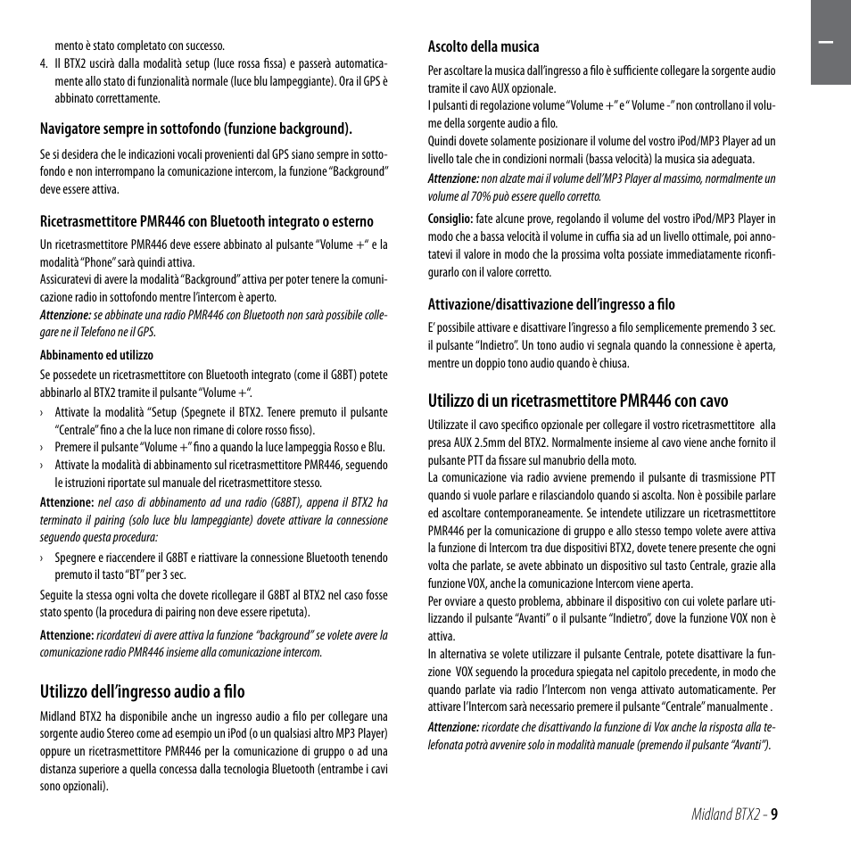 Utilizzo dell’ingresso audio a filo, Utilizzo di un ricetrasmettitore pmr446 con cavo | MIDLAND BTX2 User Manual | Page 10 / 112