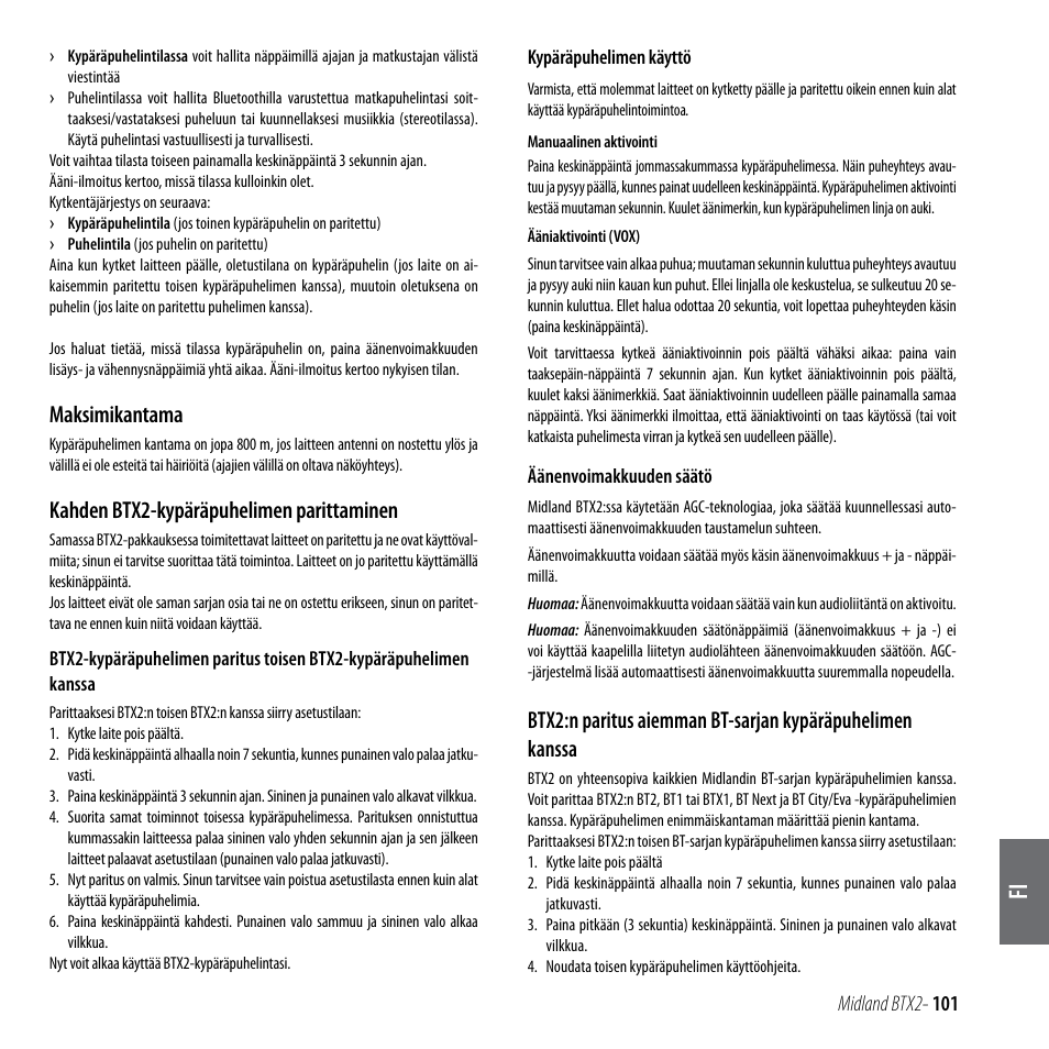 Maksimikantama, Kahden btx2-kypäräpuhelimen parittaminen | MIDLAND BTX2 User Manual | Page 102 / 112