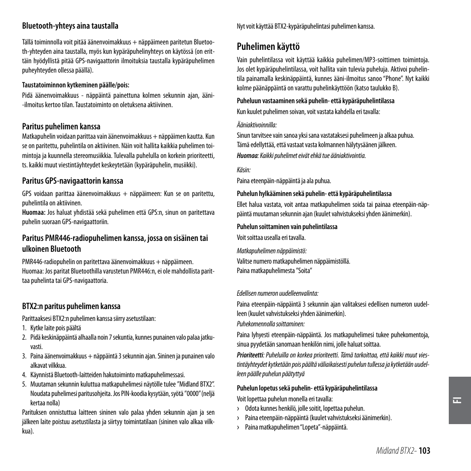 Puhelimen käyttö | MIDLAND BTX2 User Manual | Page 104 / 112