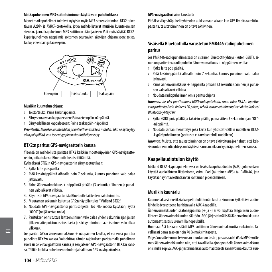 Kaapeliaudiotulon käyttö | MIDLAND BTX2 User Manual | Page 105 / 112