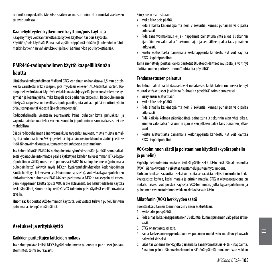 Asetukset ja erityiskäyttö | MIDLAND BTX2 User Manual | Page 106 / 112