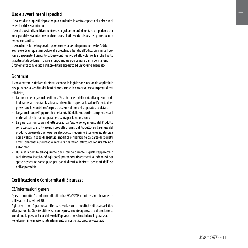 Uso e avvertimenti specifici, Garanzia, Certificazioni e conformità di sicurezza | MIDLAND BTX2 User Manual | Page 12 / 112