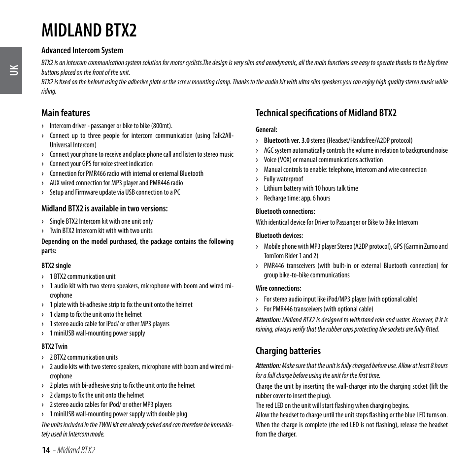 Midland btx2, Main features, Technical specifications of midland btx2 | Charging batteries | MIDLAND BTX2 User Manual | Page 15 / 112