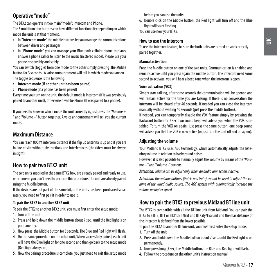 Operative “mode, Maximum distance, How to pair two btx2 unit | MIDLAND BTX2 User Manual | Page 18 / 112