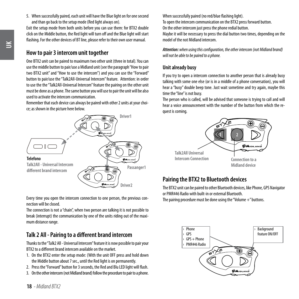 How to pair 3 intercom unit together, Talk 2 all - pairing to a different brand intercom, Pairing the btx2 to bluetooth devices | MIDLAND BTX2 User Manual | Page 19 / 112