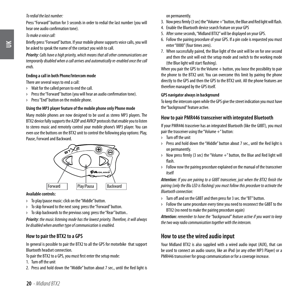 How to use the wired audio input, 20 - midland btx2 | MIDLAND BTX2 User Manual | Page 21 / 112