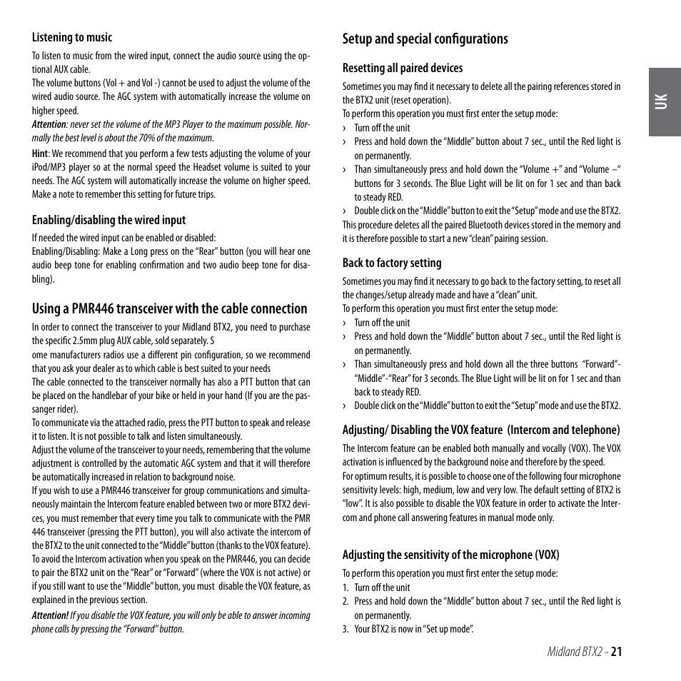 Setup and special configurations | MIDLAND BTX2 User Manual | Page 22 / 112