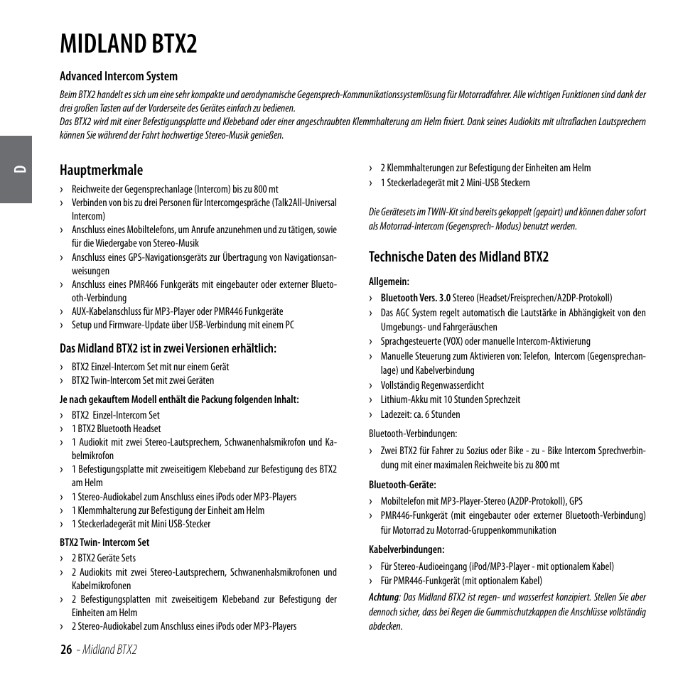 Midland btx2, Hauptmerkmale, Technische daten des midland btx2 | MIDLAND BTX2 User Manual | Page 27 / 112