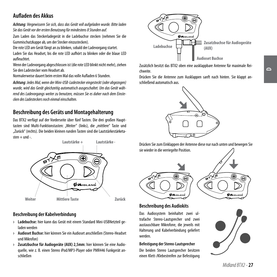 Aufladen des akkus, Beschreibung des geräts und montagehalterung | MIDLAND BTX2 User Manual | Page 28 / 112