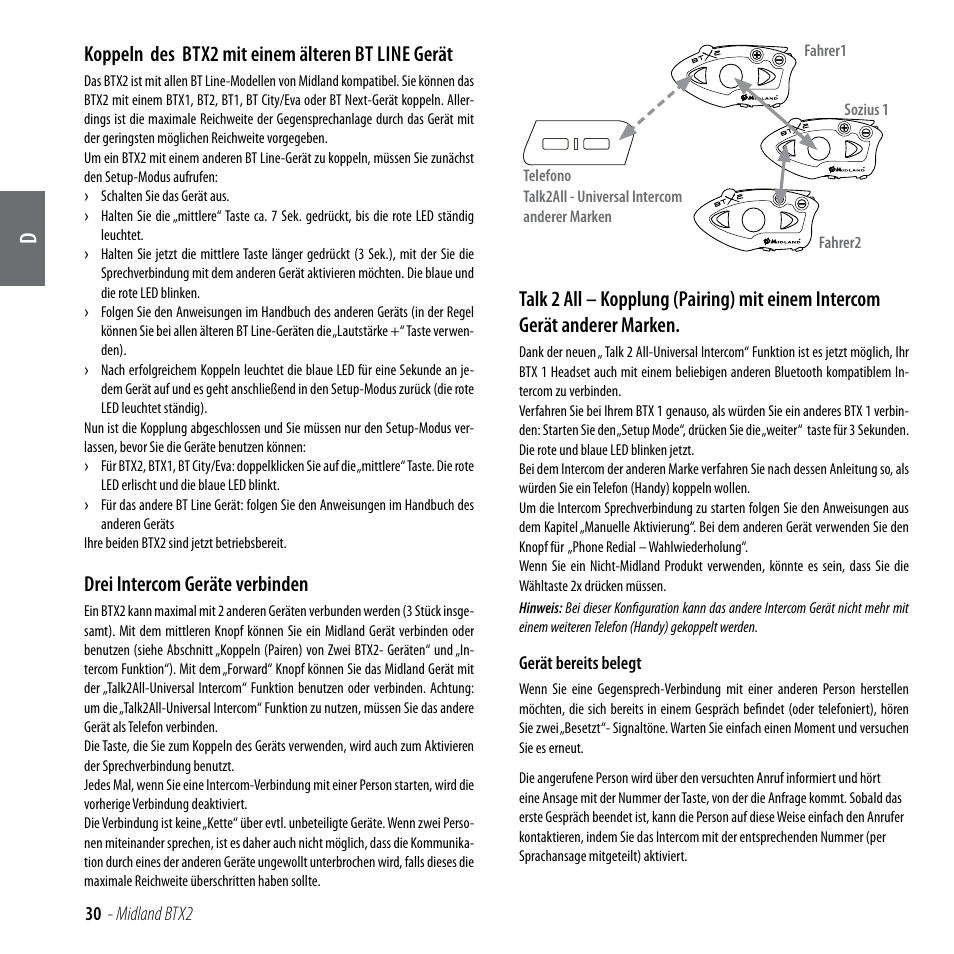 Koppeln des btx2 mit einem älteren bt line gerät, Drei intercom geräte verbinden | MIDLAND BTX2 User Manual | Page 31 / 112