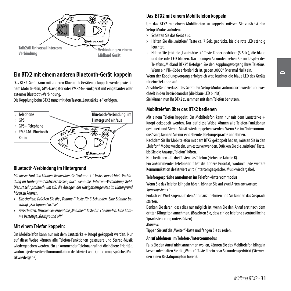 Ein btx2 mit einem anderen bluetooth-gerät koppeln | MIDLAND BTX2 User Manual | Page 32 / 112