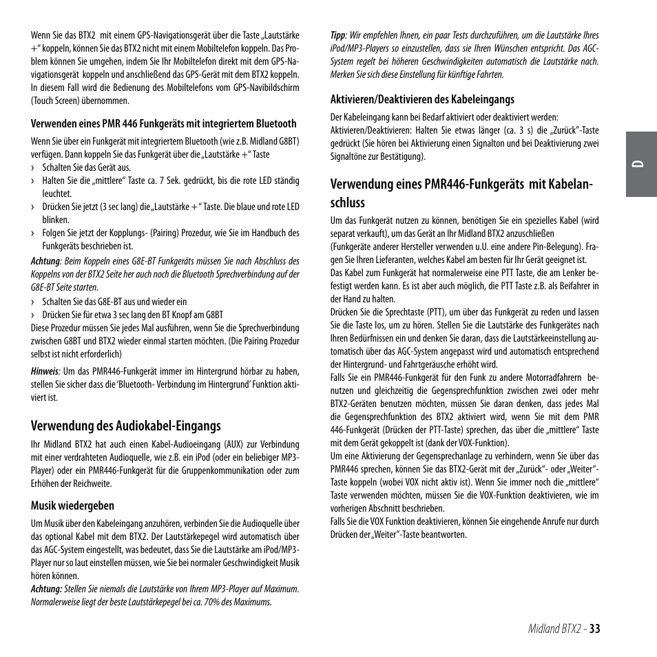 Verwendung des audiokabel-eingangs | MIDLAND BTX2 User Manual | Page 34 / 112