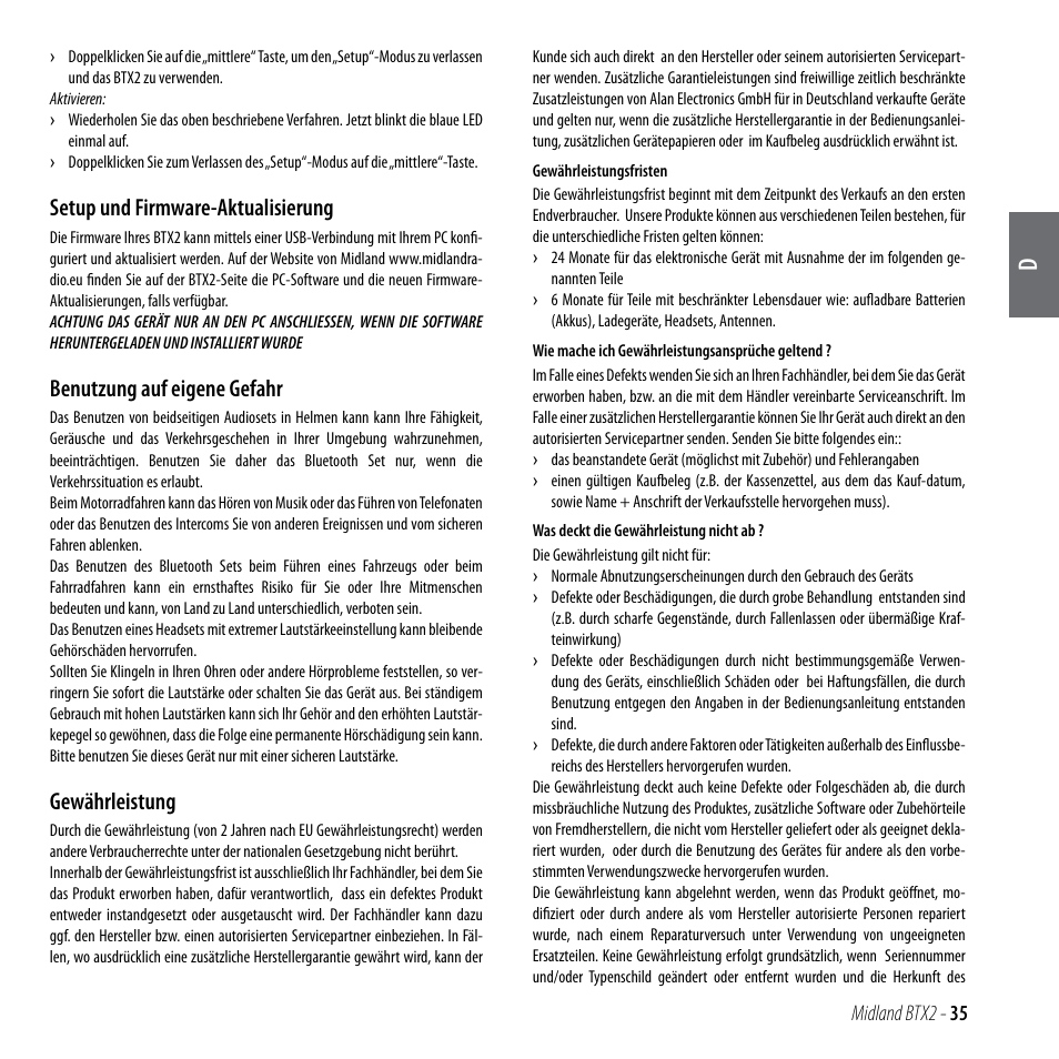 Setup und firmware-aktualisierung, Benutzung auf eigene gefahr, Gewährleistung | MIDLAND BTX2 User Manual | Page 36 / 112