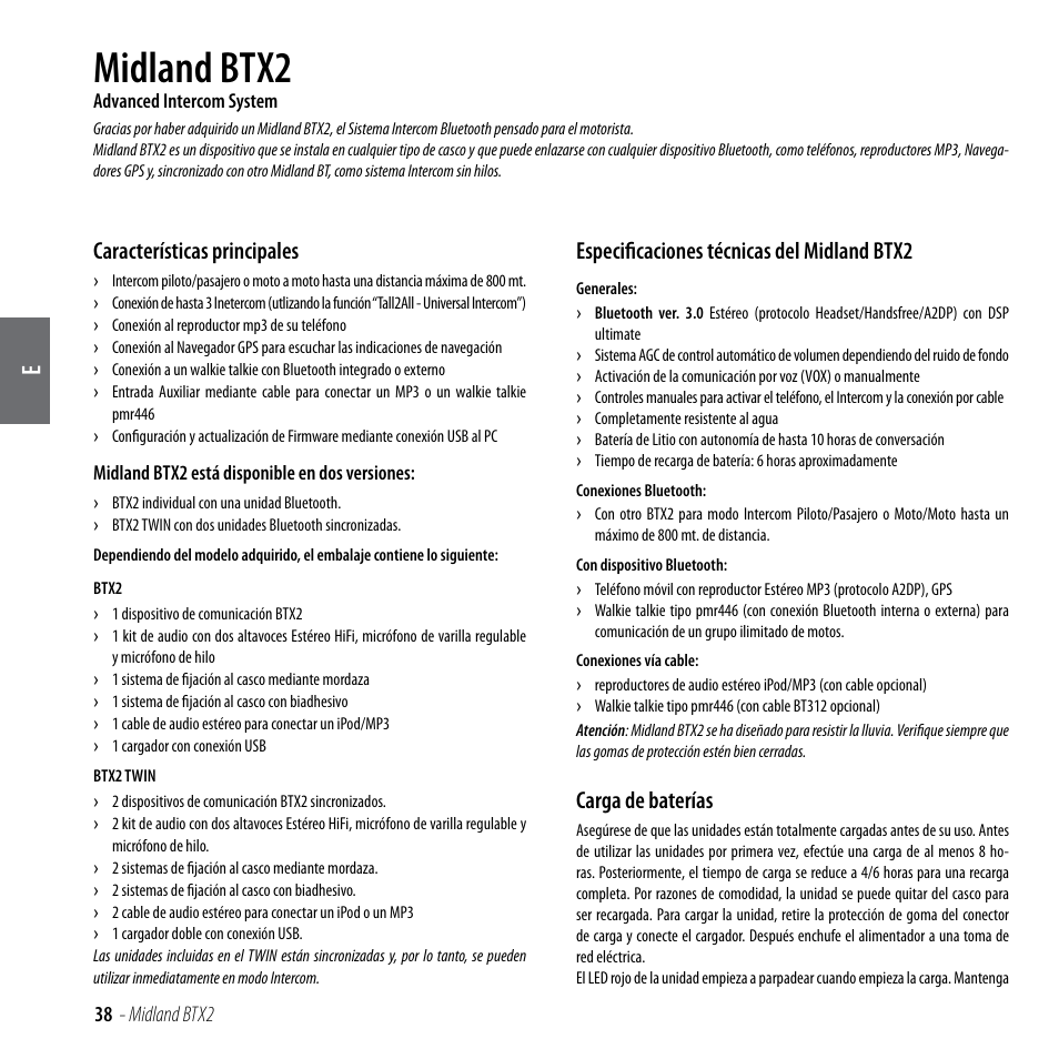 Midland btx2, Características principales, Especificaciones técnicas del midland btx2 | Carga de baterías | MIDLAND BTX2 User Manual | Page 39 / 112