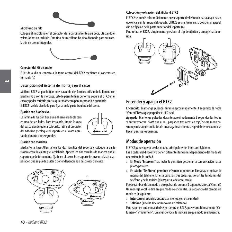 Encender y apagar el btx2, Modos de operación | MIDLAND BTX2 User Manual | Page 41 / 112