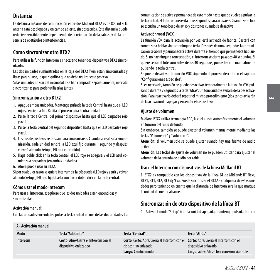 Distancia, Cómo sincronizar otro btx2, Sincronización de otro dispositivo de la línea bt | MIDLAND BTX2 User Manual | Page 42 / 112