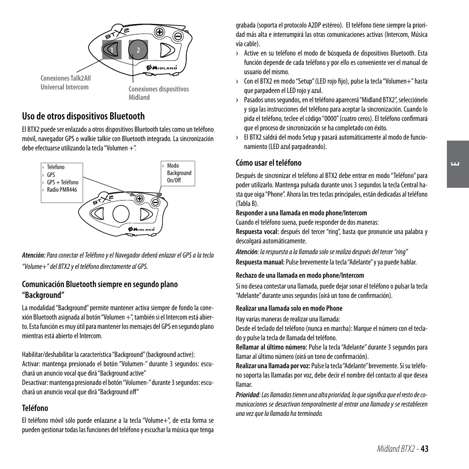 Uso de otros dispositivos bluetooth | MIDLAND BTX2 User Manual | Page 44 / 112