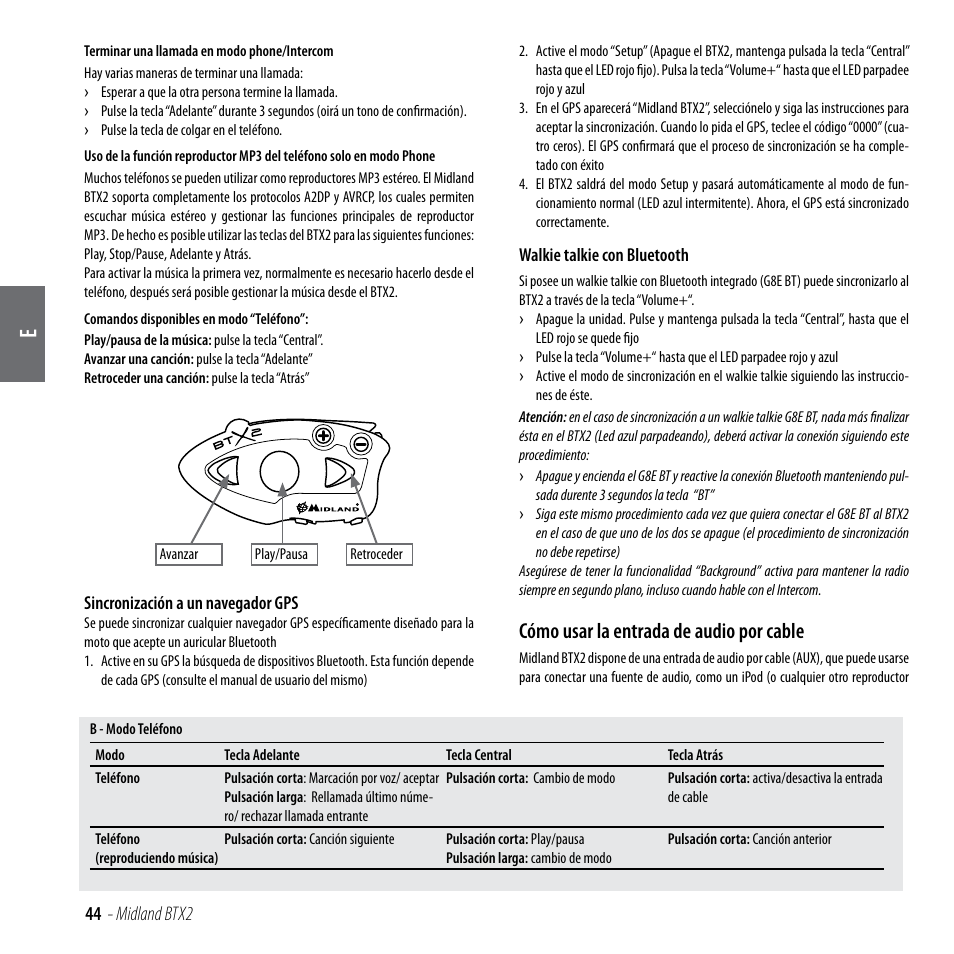 Cómo usar la entrada de audio por cable, 44 - midland btx2 | MIDLAND BTX2 User Manual | Page 45 / 112