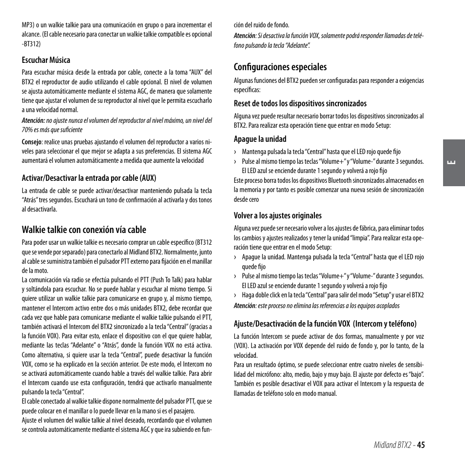 Walkie talkie con conexión vía cable, Configuraciones especiales | MIDLAND BTX2 User Manual | Page 46 / 112