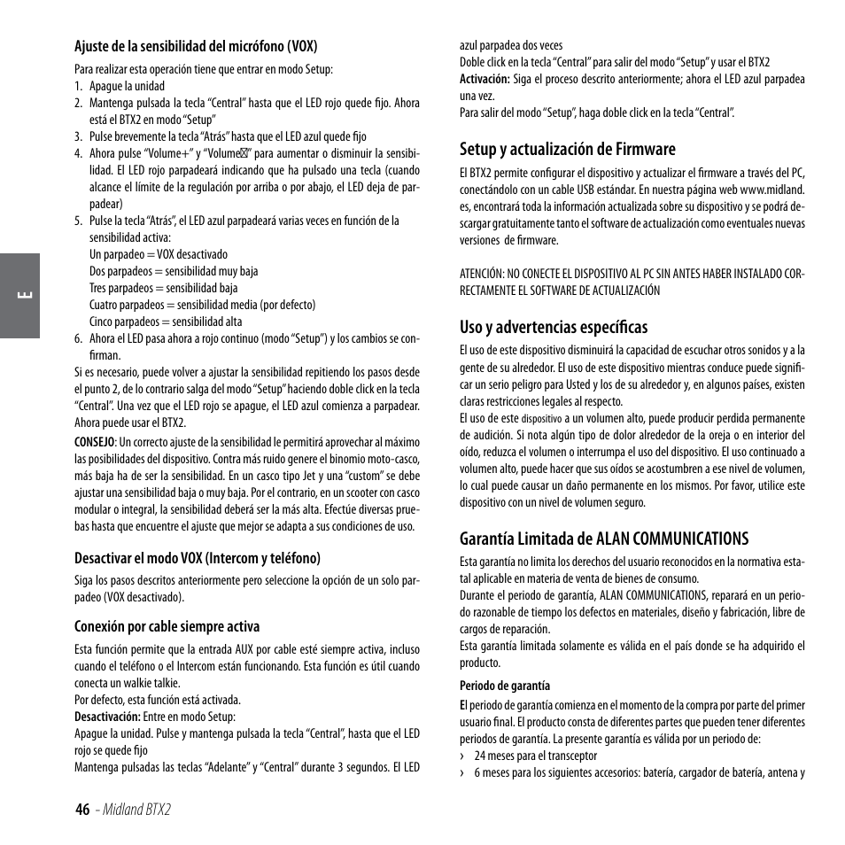 Setup y actualización de firmware, Uso y advertencias específicas, Garantía limitada de alan communications | MIDLAND BTX2 User Manual | Page 47 / 112