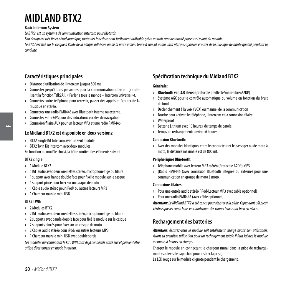 Midland btx2, Caractéristiques principales, Spécification technique du midland btx2 | Rechargement des batteries | MIDLAND BTX2 User Manual | Page 51 / 112