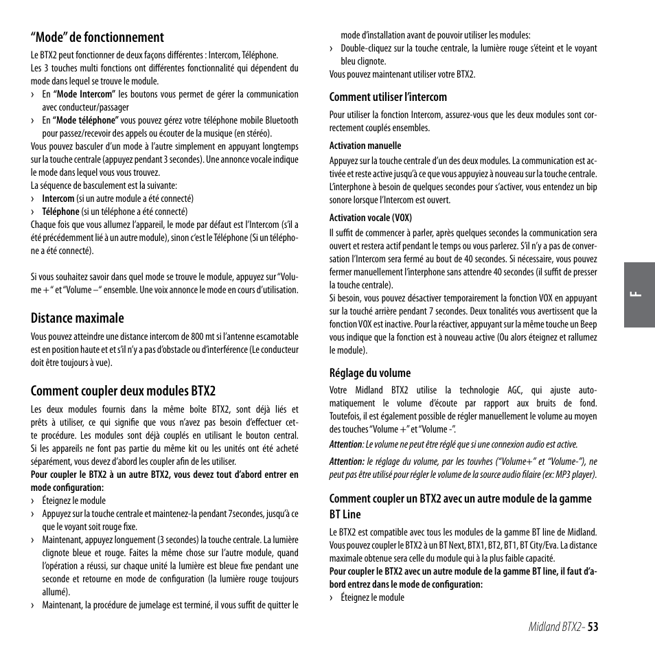 Mode” de fonctionnement, Distance maximale, Comment coupler deux modules btx2 | MIDLAND BTX2 User Manual | Page 54 / 112