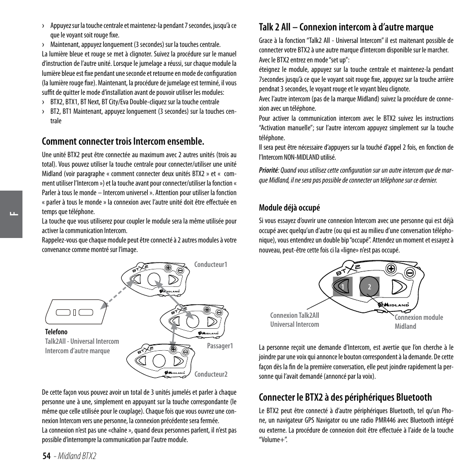 Comment connecter trois intercom ensemble, Talk 2 all – connexion intercom à d’autre marque, Connecter le btx2 à des périphériques bluetooth | MIDLAND BTX2 User Manual | Page 55 / 112