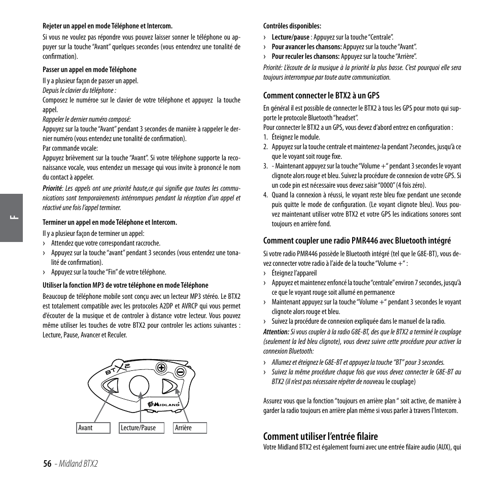 Comment utiliser l’entrée filaire, 56 - midland btx2 | MIDLAND BTX2 User Manual | Page 57 / 112