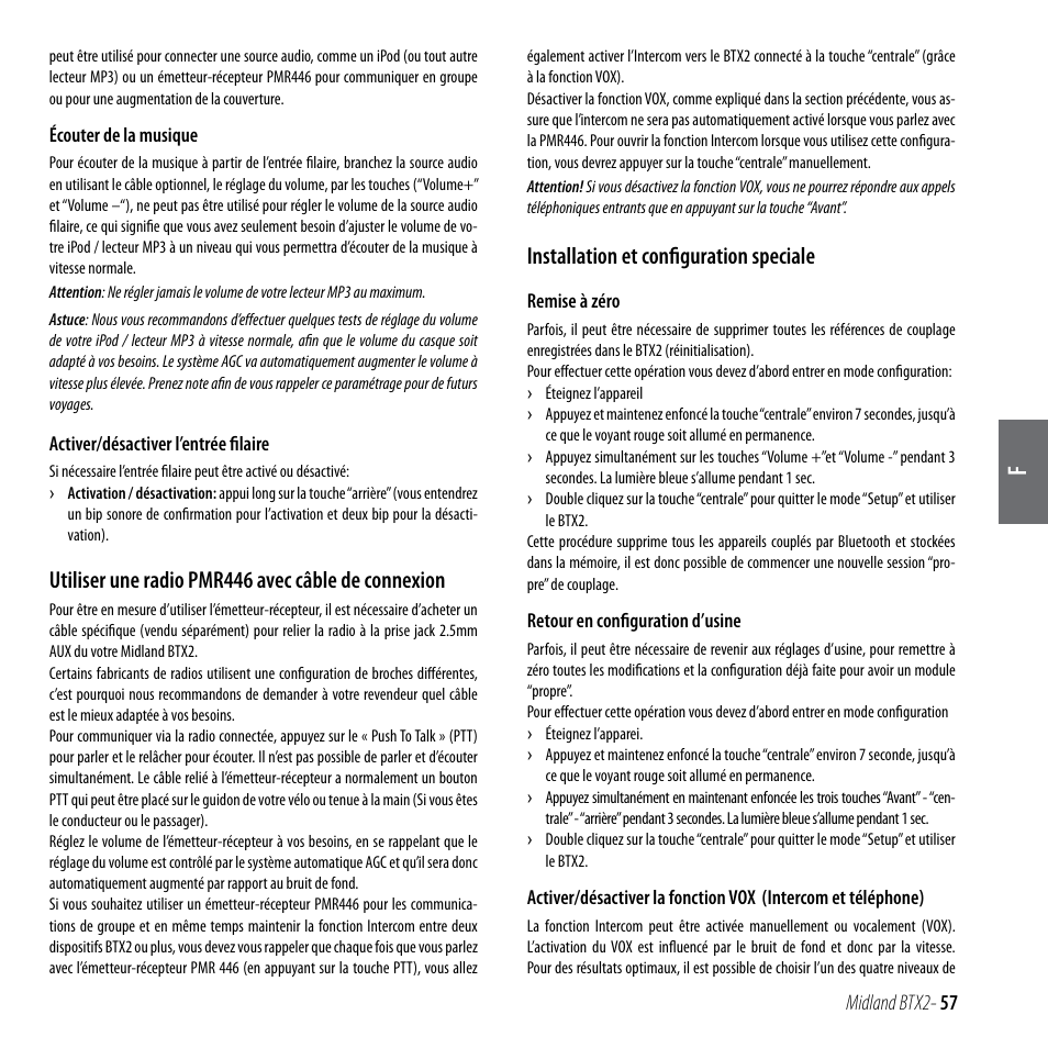 Utiliser une radio pmr446 avec câble de connexion, Installation et configuration speciale | MIDLAND BTX2 User Manual | Page 58 / 112