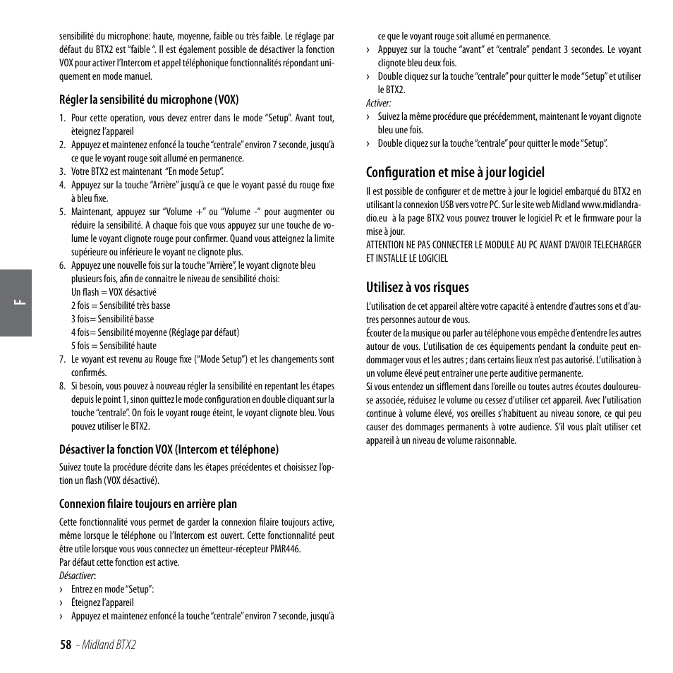 Configuration et mise à jour logiciel, Utilisez à vos risques | MIDLAND BTX2 User Manual | Page 59 / 112