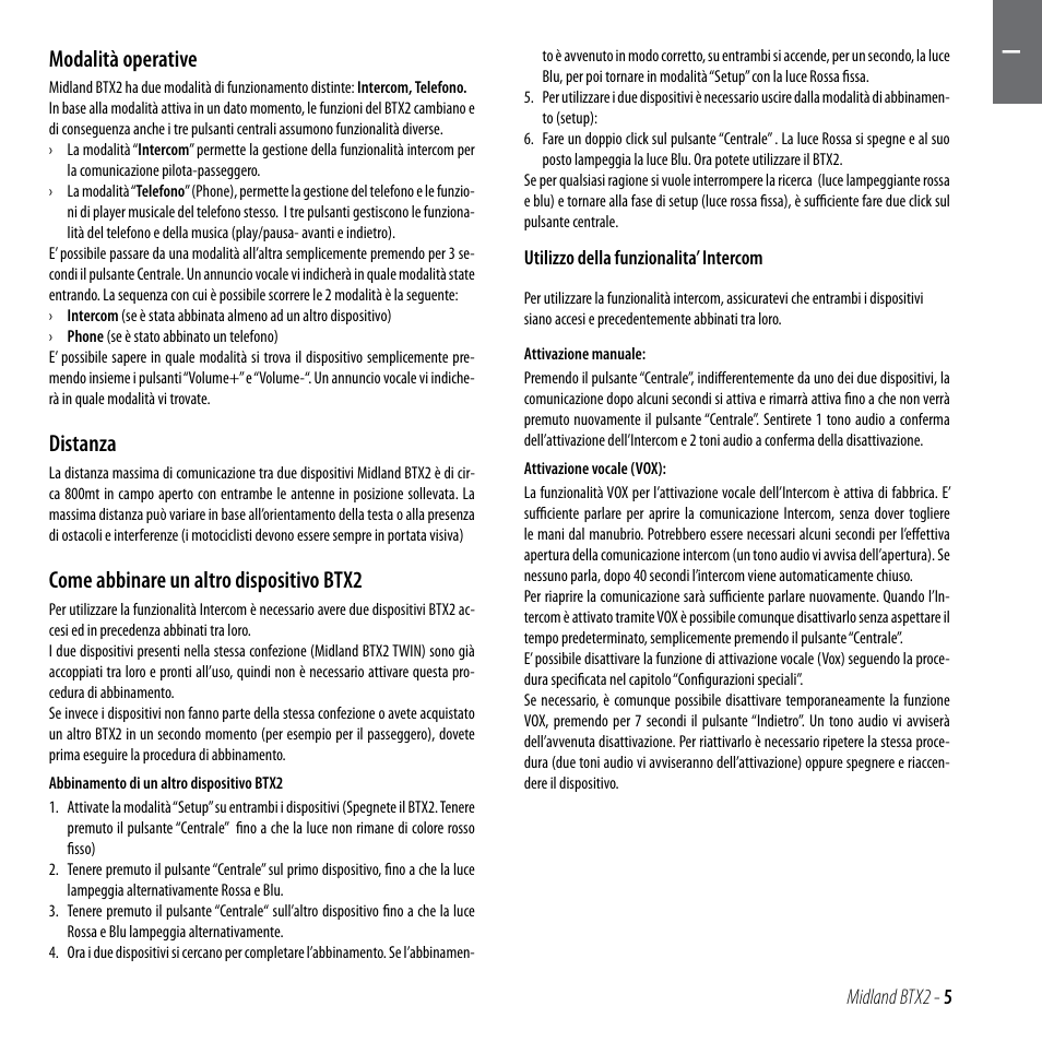 Modalità operative, Distanza, Come abbinare un altro dispositivo btx2 | MIDLAND BTX2 User Manual | Page 6 / 112