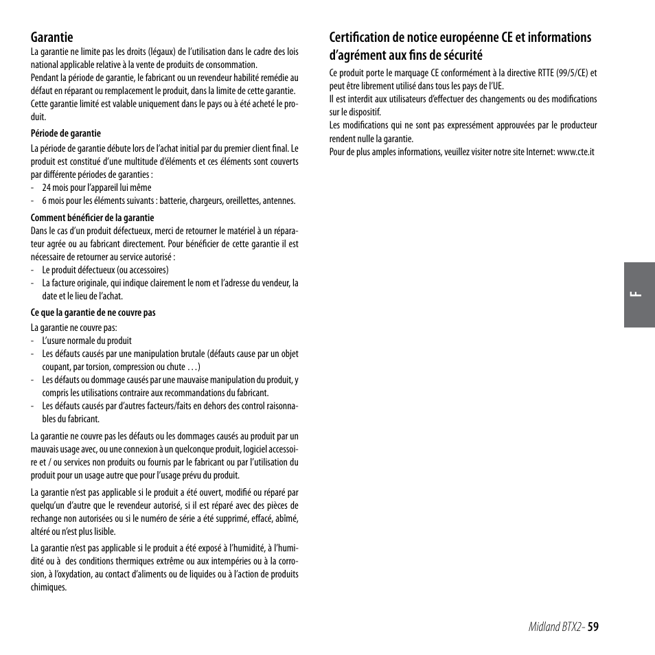 Garantie | MIDLAND BTX2 User Manual | Page 60 / 112