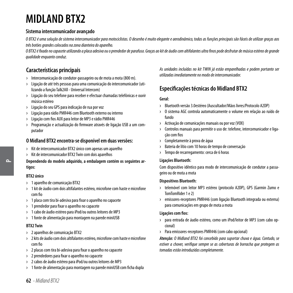 Midland btx2, Características principais, Especificações técnicas do midland btx2 | MIDLAND BTX2 User Manual | Page 63 / 112