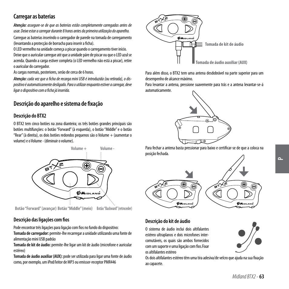 Carregar as baterias, Descrição do aparelho e sistema de fixação | MIDLAND BTX2 User Manual | Page 64 / 112