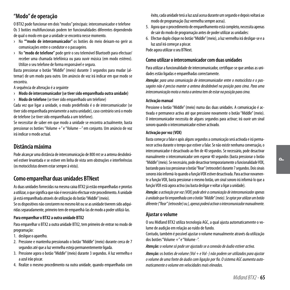 Modo” de operação, Distância máxima, Como emparelhar duas unidades btnext | MIDLAND BTX2 User Manual | Page 66 / 112