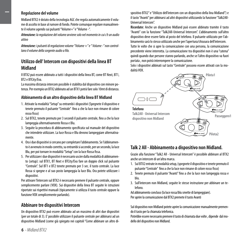 Abbinare tre dispositivi intercom, Talk 2 all - abbinamento a dispositivo non midland | MIDLAND BTX2 User Manual | Page 7 / 112