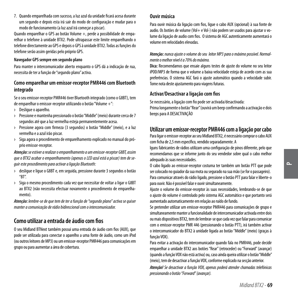 Como utilizar a entrada de áudio com fios | MIDLAND BTX2 User Manual | Page 70 / 112